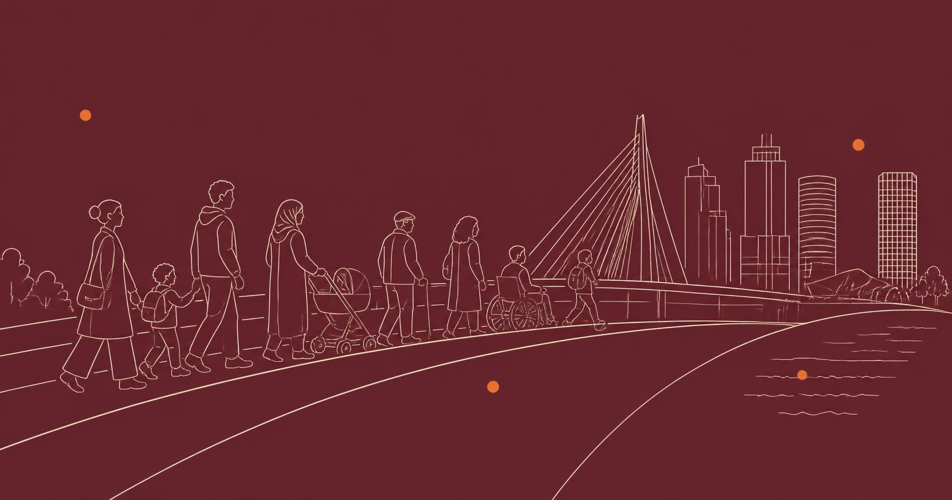 Lijntekening van diverse mensen die samen over een brug naar de stad lopen